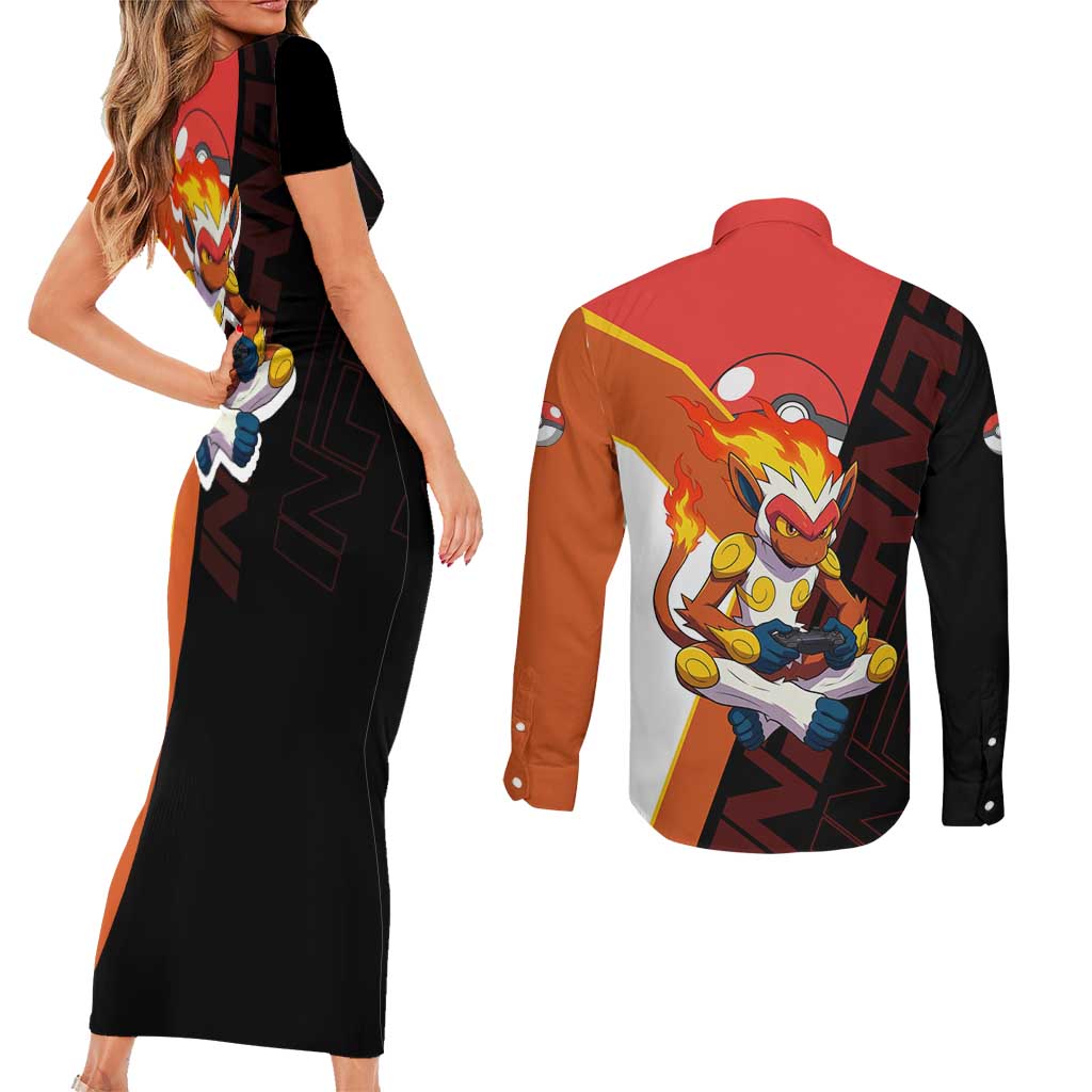 Infernape Poké Couples Matching Short Sleeve Bodycon Dress and Long Sleeve Button Shirt Bold Retro Anime Style