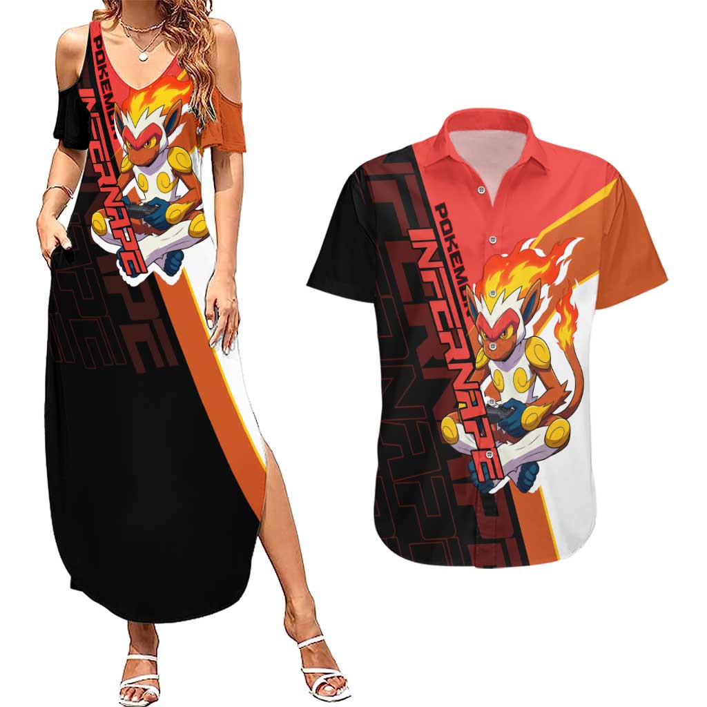 Infernape Poké Couples Matching Summer Maxi Dress and Hawaiian Shirt Bold Retro Anime Style