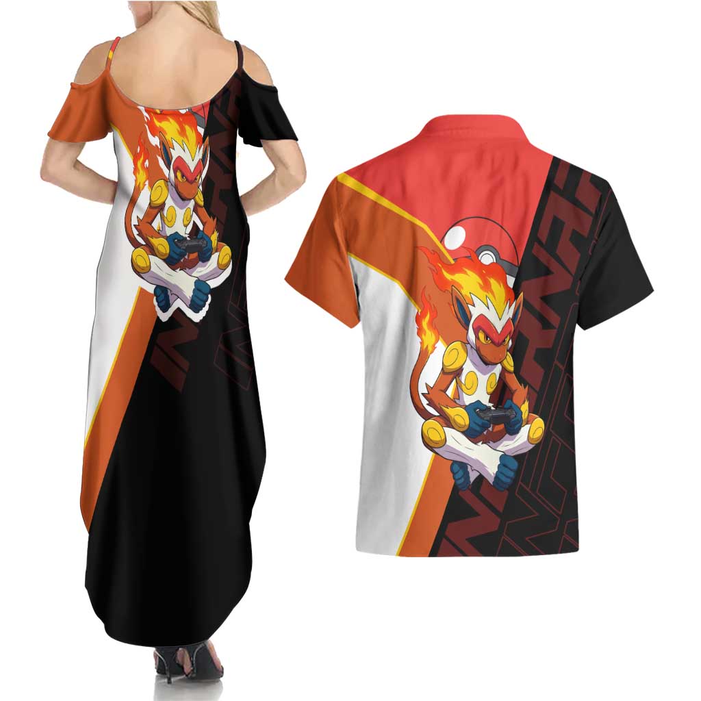 Infernape Poké Couples Matching Summer Maxi Dress and Hawaiian Shirt Bold Retro Anime Style