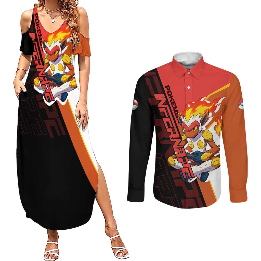 Infernape Poké Couples Matching Summer Maxi Dress and Long Sleeve Button Shirt Bold Retro Anime Style