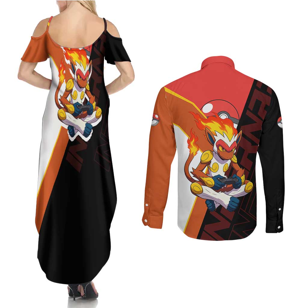 Infernape Poké Couples Matching Summer Maxi Dress and Long Sleeve Button Shirt Bold Retro Anime Style