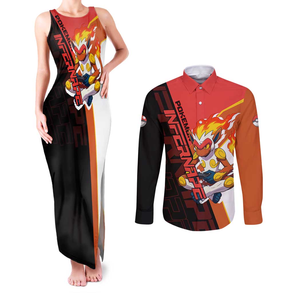 Infernape Poké Couples Matching Tank Maxi Dress and Long Sleeve Button Shirt Bold Retro Anime Style