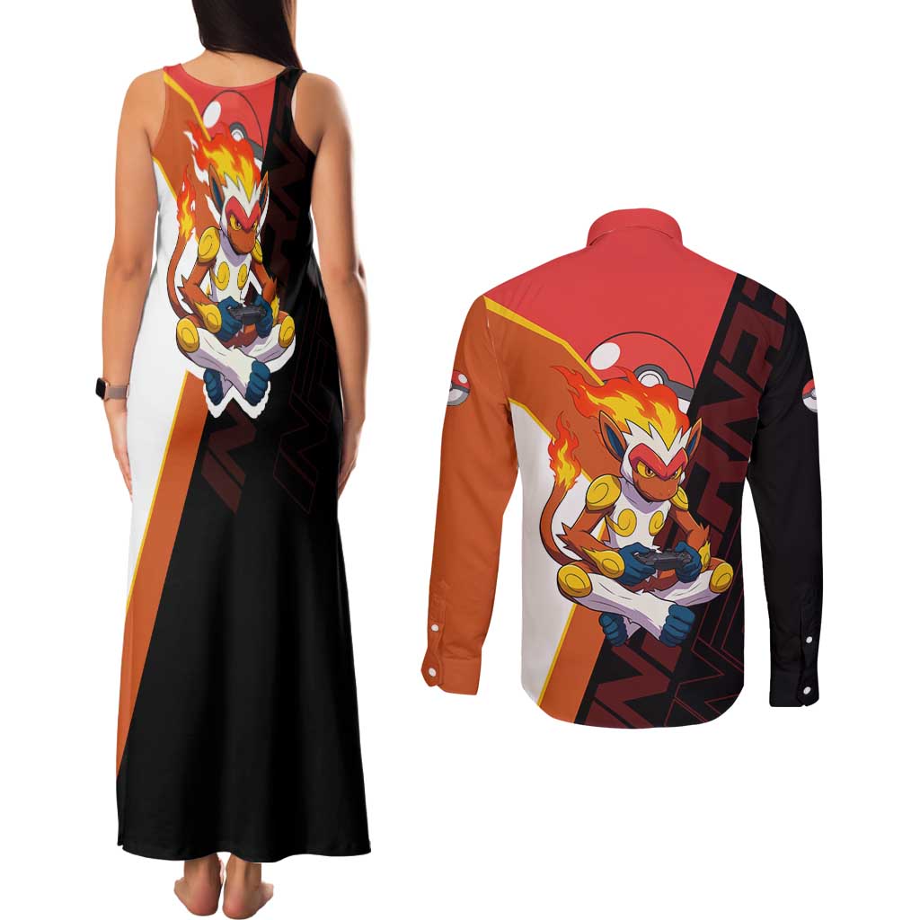 Infernape Poké Couples Matching Tank Maxi Dress and Long Sleeve Button Shirt Bold Retro Anime Style