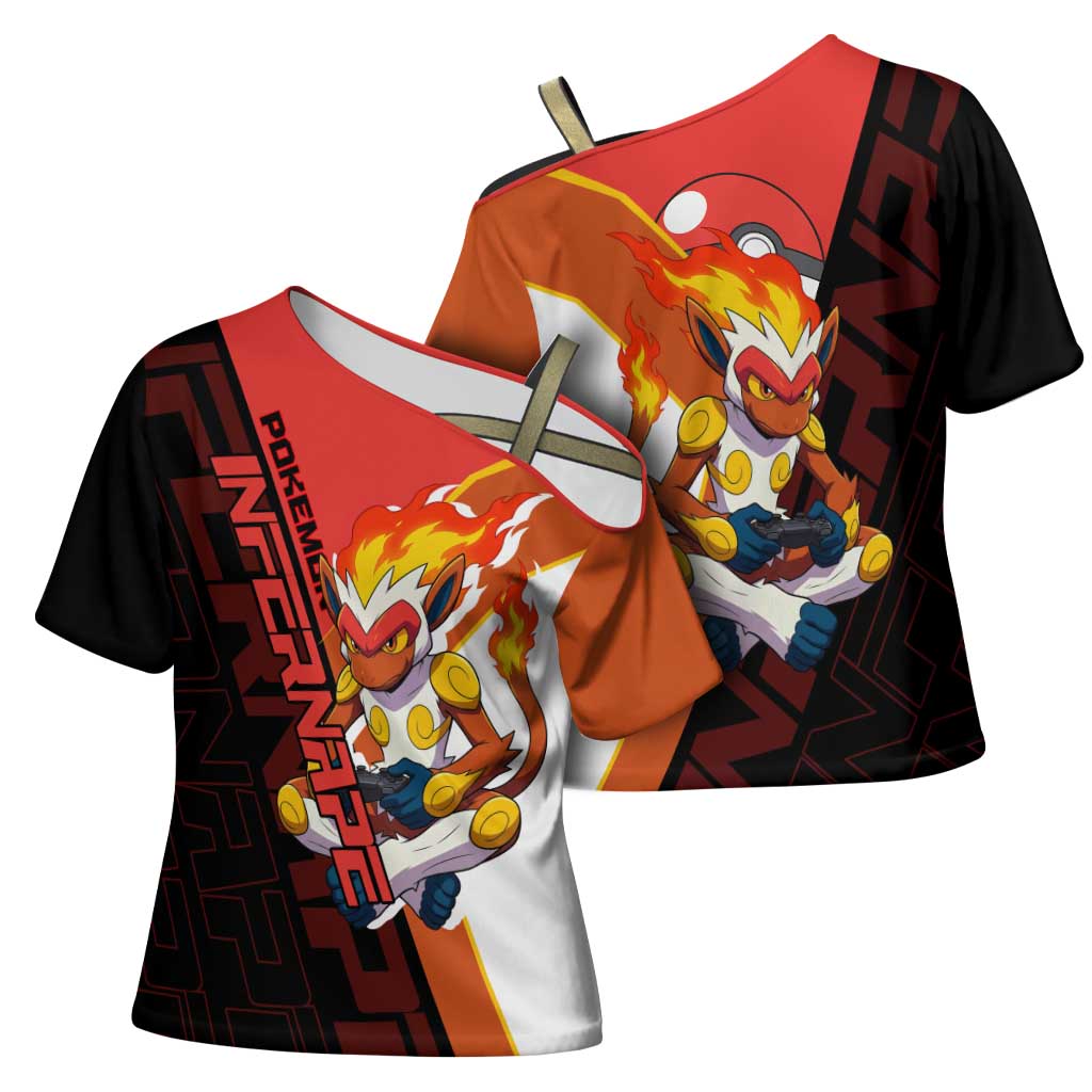 Infernape Poké Cross Shoulder Shirt Bold Retro Anime Style