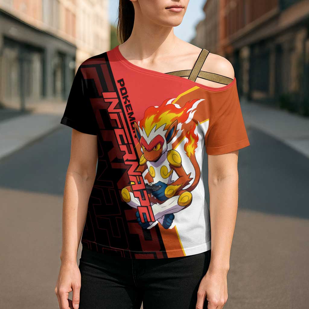 Infernape Poké Cross Shoulder Shirt Bold Retro Anime Style