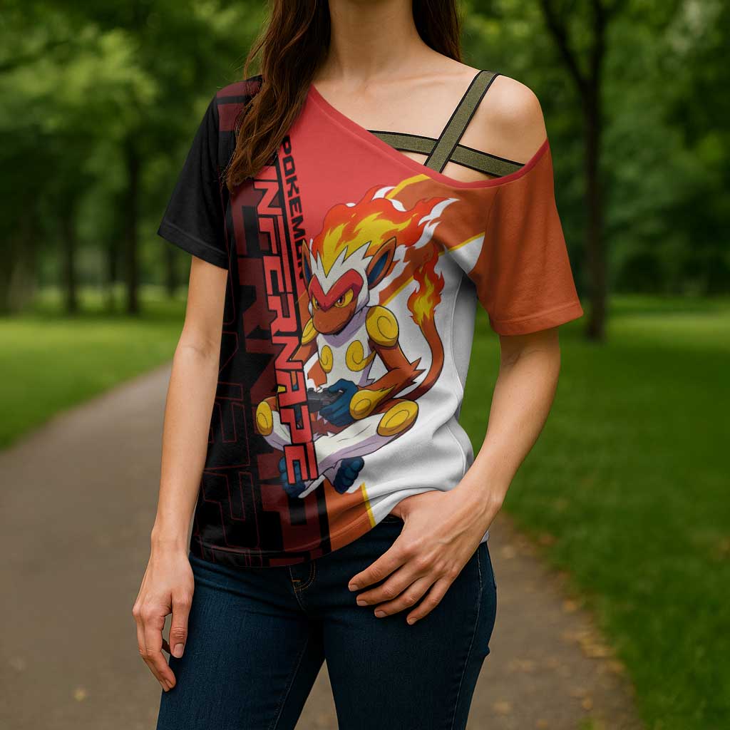 Infernape Poké Cross Shoulder Shirt Bold Retro Anime Style