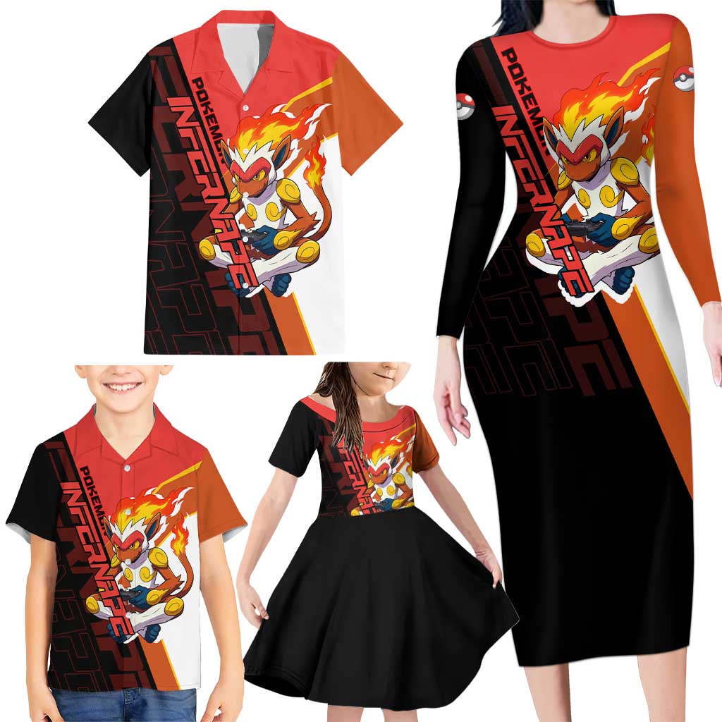 Infernape Poké Family Matching Long Sleeve Bodycon Dress and Hawaiian Shirt Bold Retro Anime Style