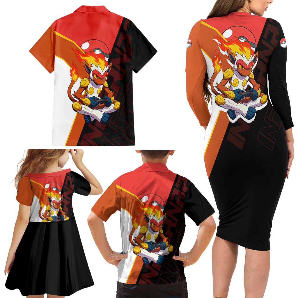 Infernape Poké Family Matching Long Sleeve Bodycon Dress and Hawaiian Shirt Bold Retro Anime Style