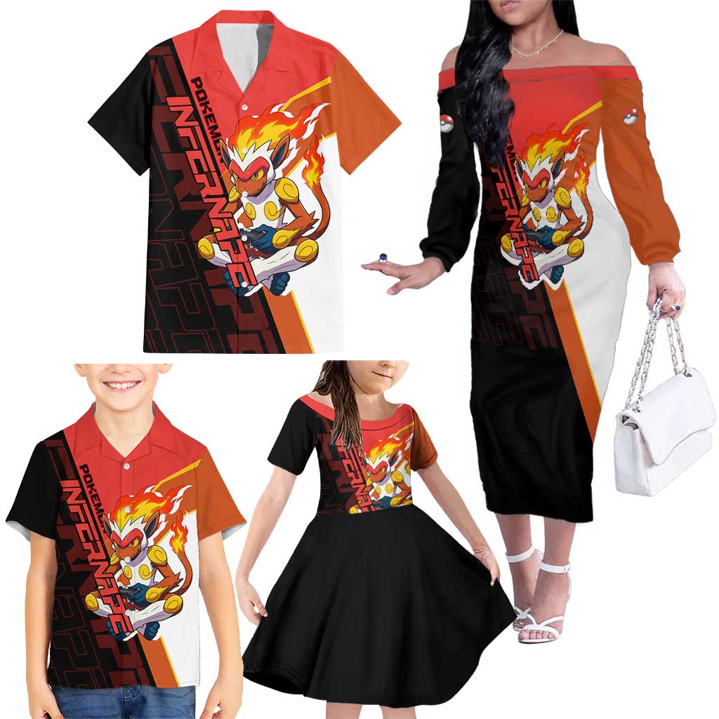 Infernape Poké Family Matching Off The Shoulder Long Sleeve Dress and Hawaiian Shirt Bold Retro Anime Style