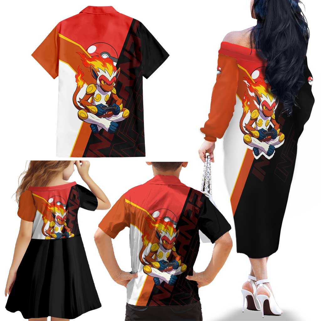Infernape Poké Family Matching Off The Shoulder Long Sleeve Dress and Hawaiian Shirt Bold Retro Anime Style