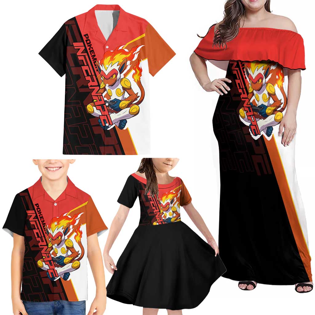 Infernape Poké Family Matching Off Shoulder Maxi Dress and Hawaiian Shirt Bold Retro Anime Style