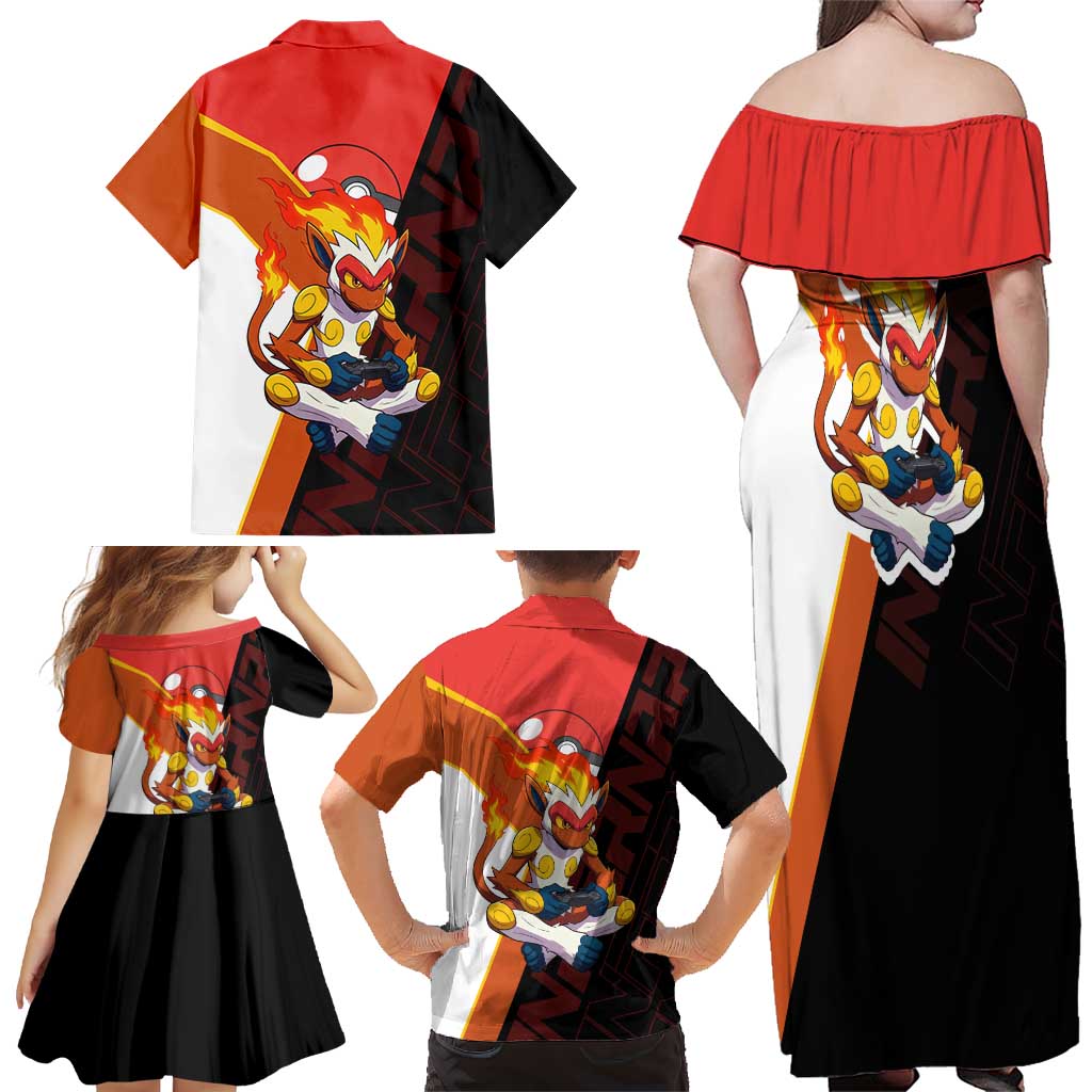 Infernape Poké Family Matching Off Shoulder Maxi Dress and Hawaiian Shirt Bold Retro Anime Style