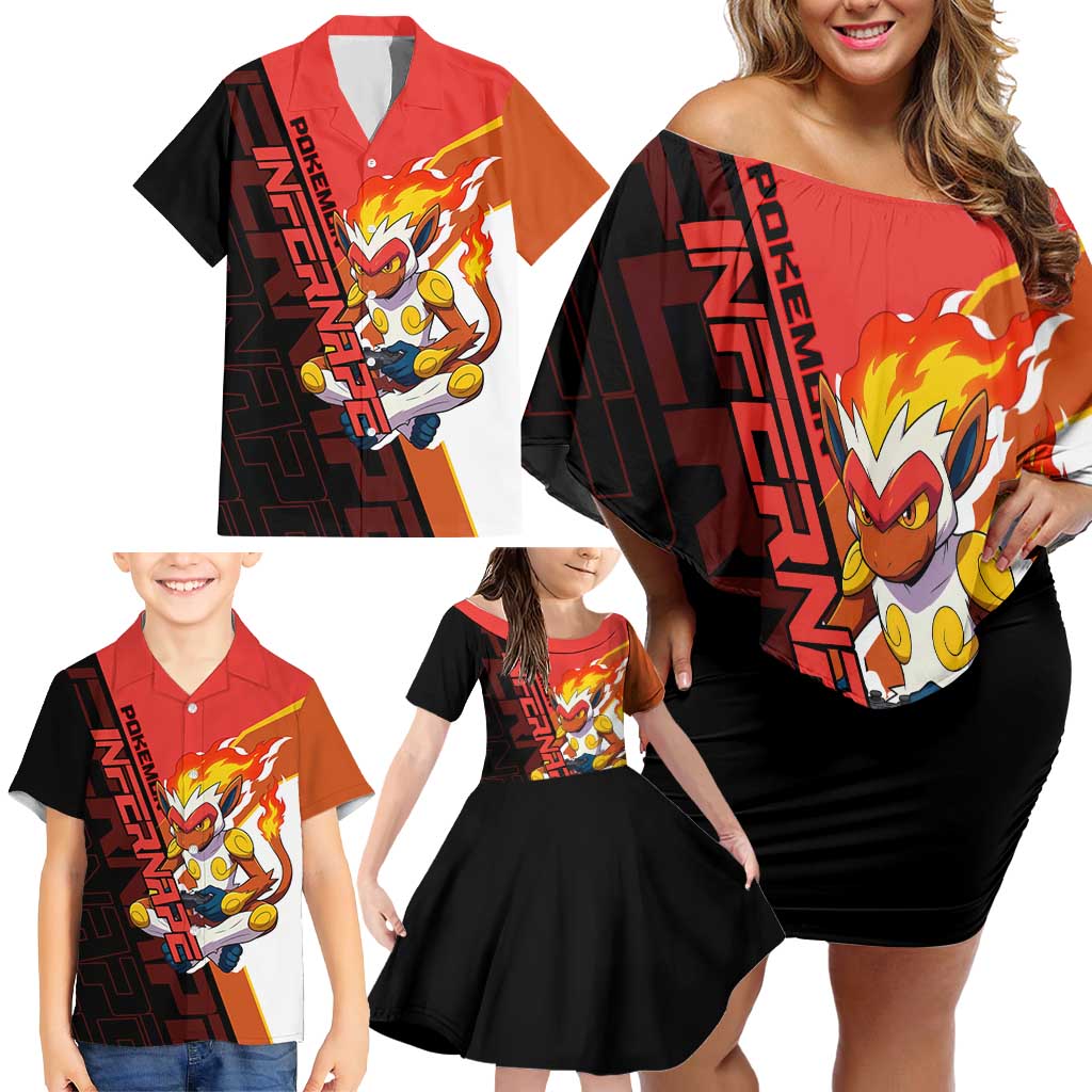 Infernape Poké Family Matching Off Shoulder Short Dress and Hawaiian Shirt Bold Retro Anime Style