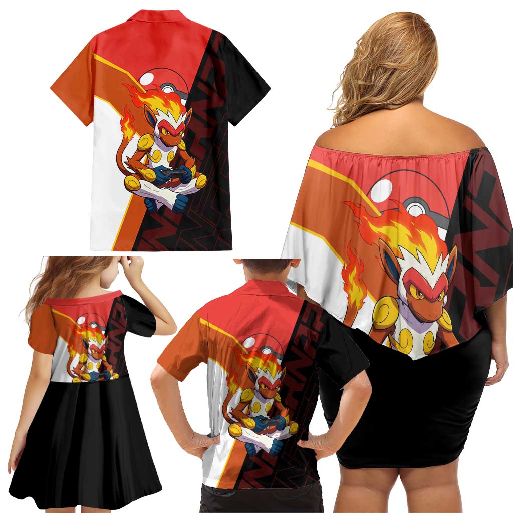 Infernape Poké Family Matching Off Shoulder Short Dress and Hawaiian Shirt Bold Retro Anime Style
