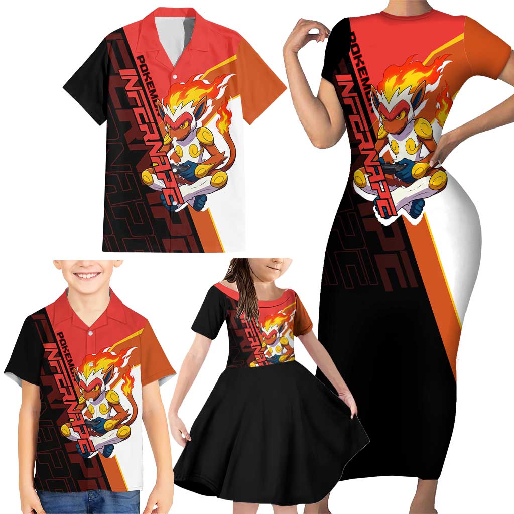 Infernape Poké Family Matching Short Sleeve Bodycon Dress and Hawaiian Shirt Bold Retro Anime Style