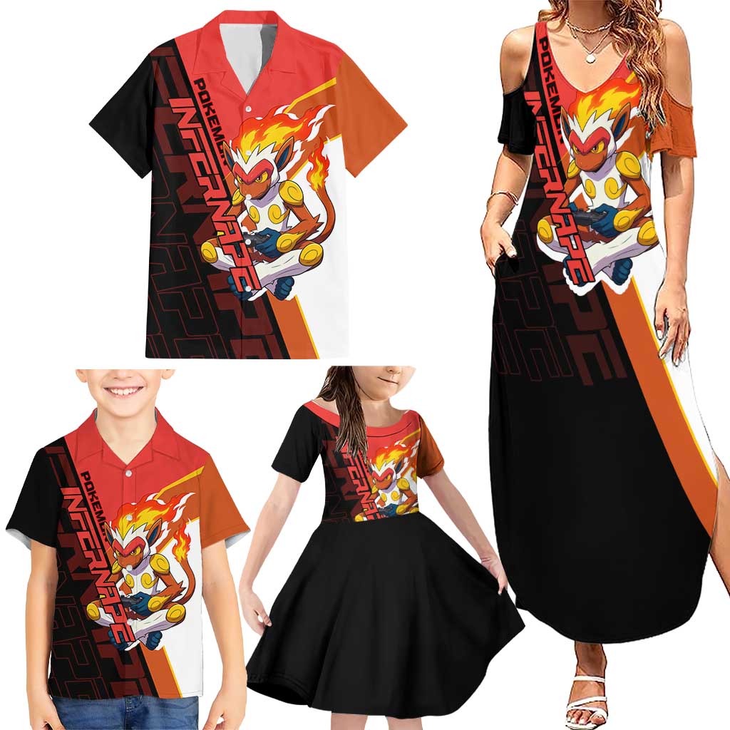 Infernape Poké Family Matching Summer Maxi Dress and Hawaiian Shirt Bold Retro Anime Style