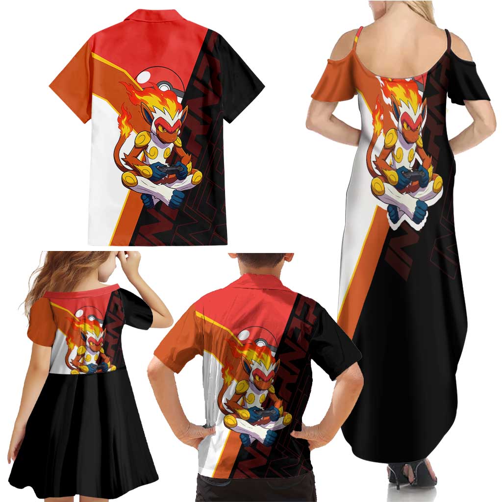 Infernape Poké Family Matching Summer Maxi Dress and Hawaiian Shirt Bold Retro Anime Style