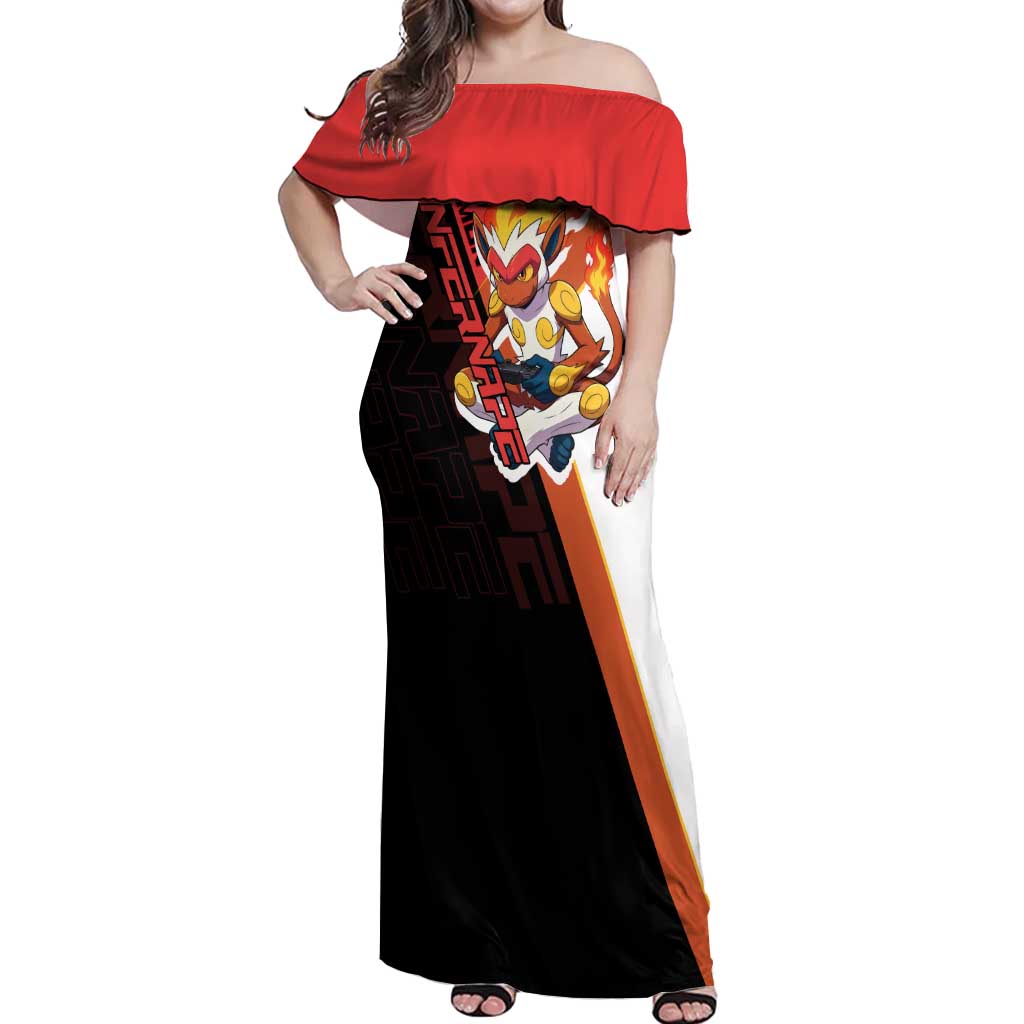 Infernape Poké Off Shoulder Maxi Dress Bold Retro Anime Style