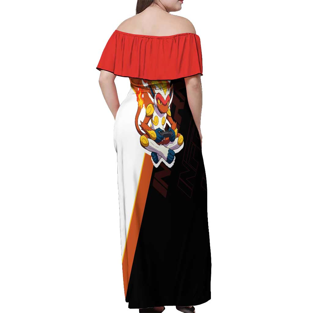 Infernape Poké Off Shoulder Maxi Dress Bold Retro Anime Style