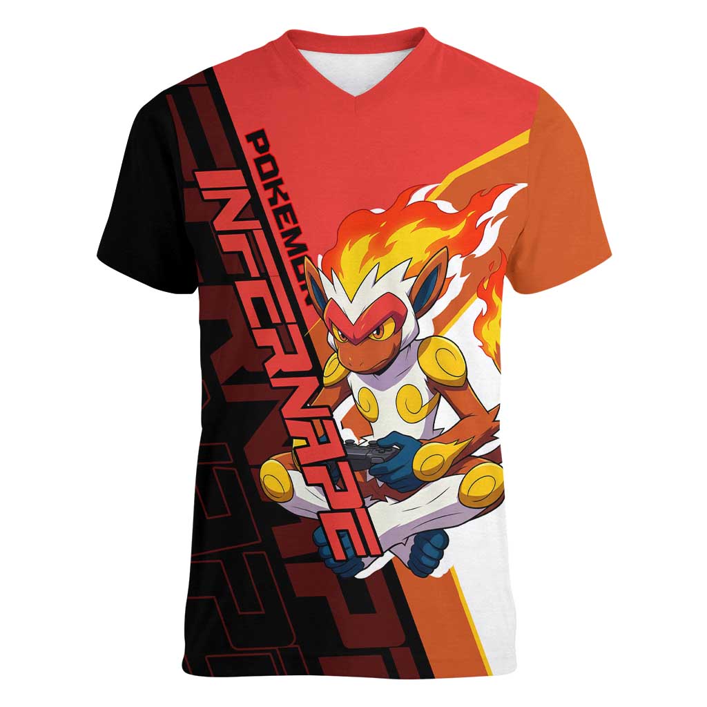 Infernape Poké Women V-Neck T-Shirt Bold Retro Anime Style