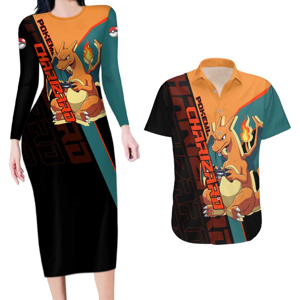 Charizard Poké Couples Matching Long Sleeve Bodycon Dress and Hawaiian Shirt Retro Anime Gaming Style