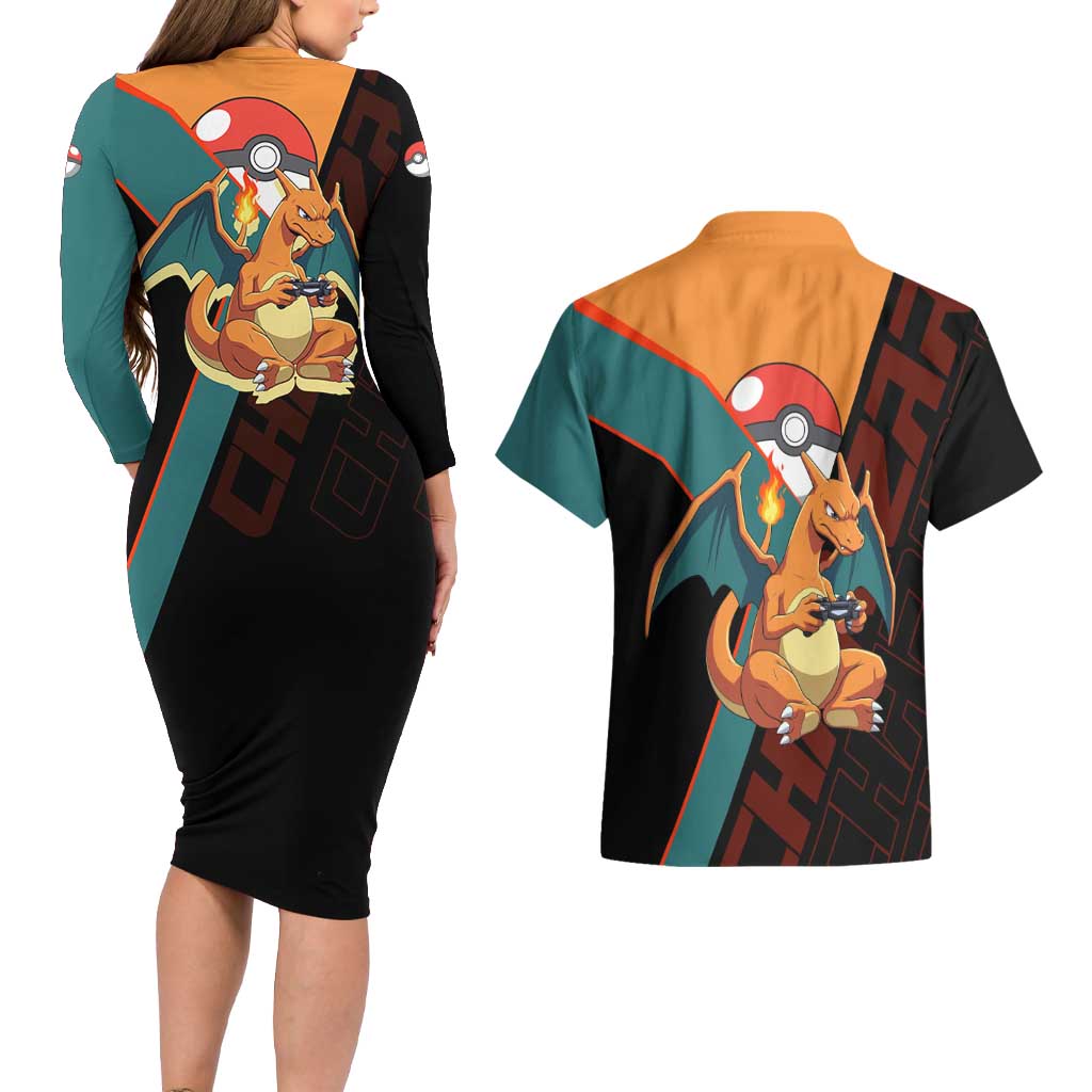 Charizard Poké Couples Matching Long Sleeve Bodycon Dress and Hawaiian Shirt Retro Anime Gaming Style