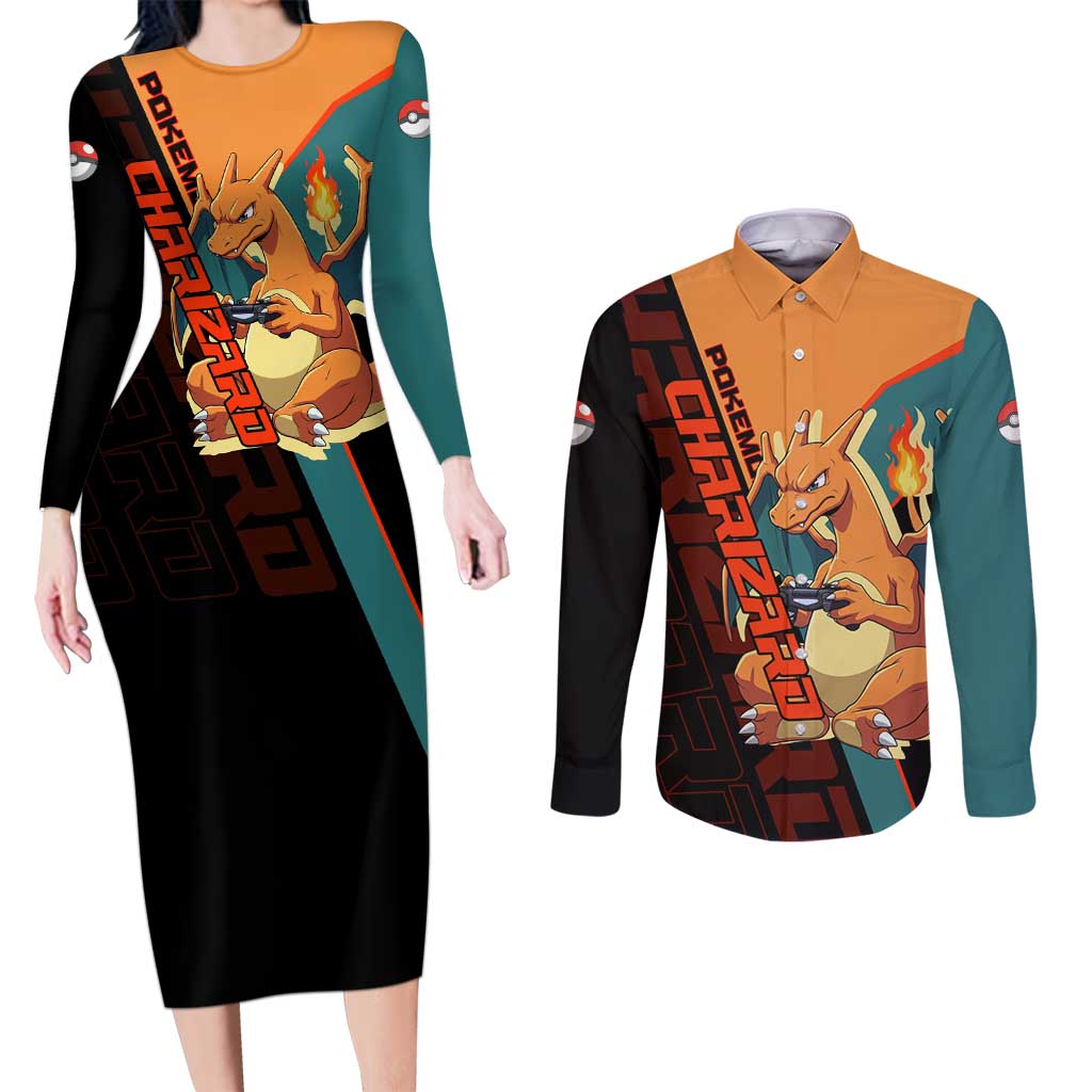Charizard Poké Couples Matching Long Sleeve Bodycon Dress and Long Sleeve Button Shirt Retro Anime Gaming Style