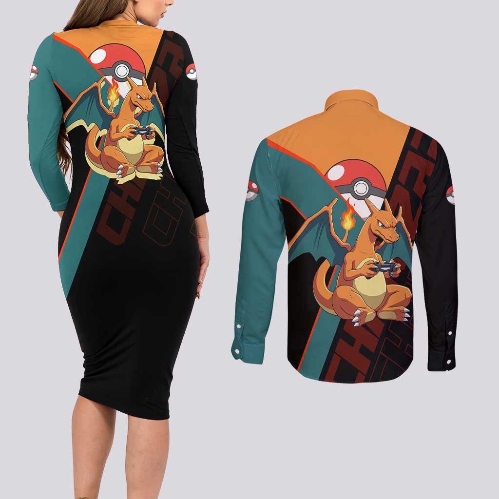 Charizard Poké Couples Matching Long Sleeve Bodycon Dress and Long Sleeve Button Shirt Retro Anime Gaming Style