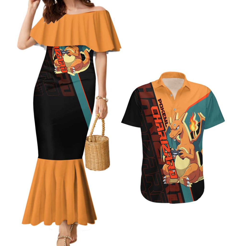 Charizard Poké Couples Matching Mermaid Dress and Hawaiian Shirt Retro Anime Gaming Style