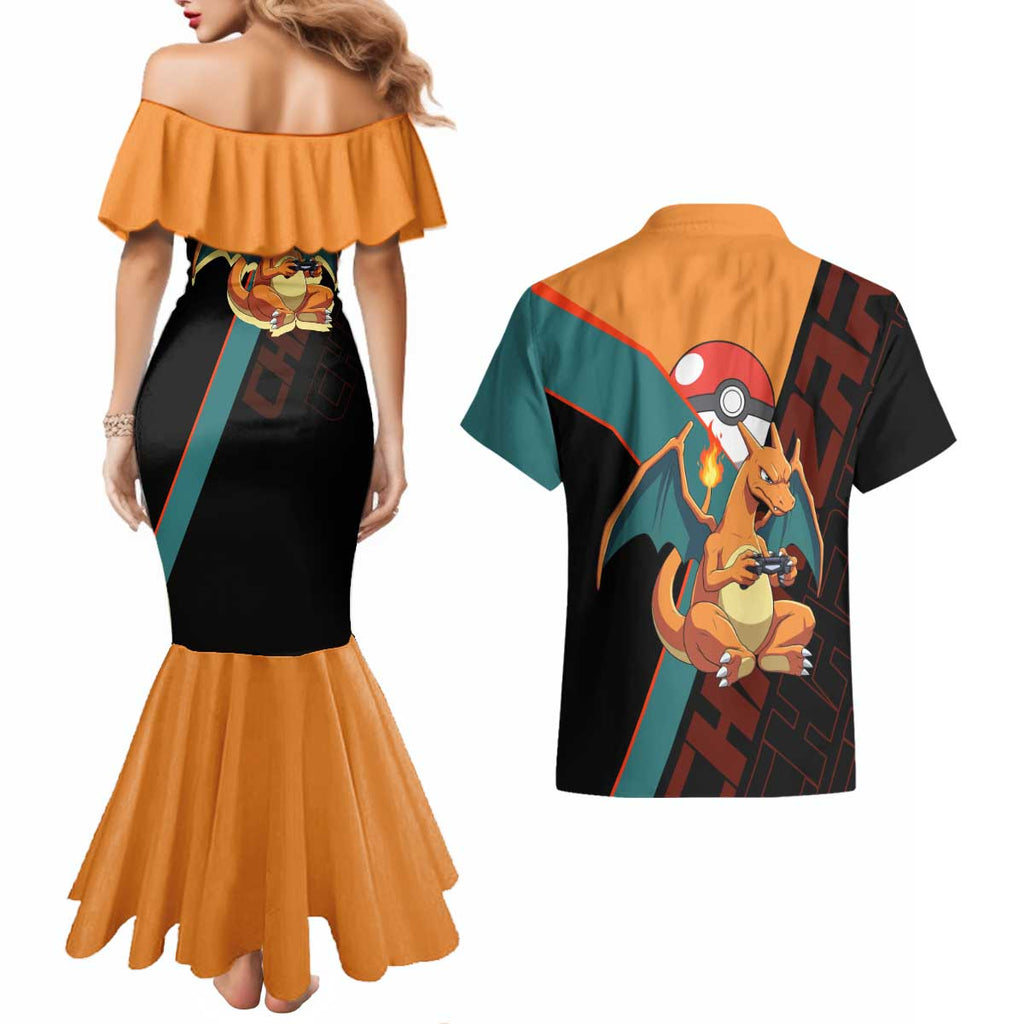 Charizard Poké Couples Matching Mermaid Dress and Hawaiian Shirt Retro Anime Gaming Style