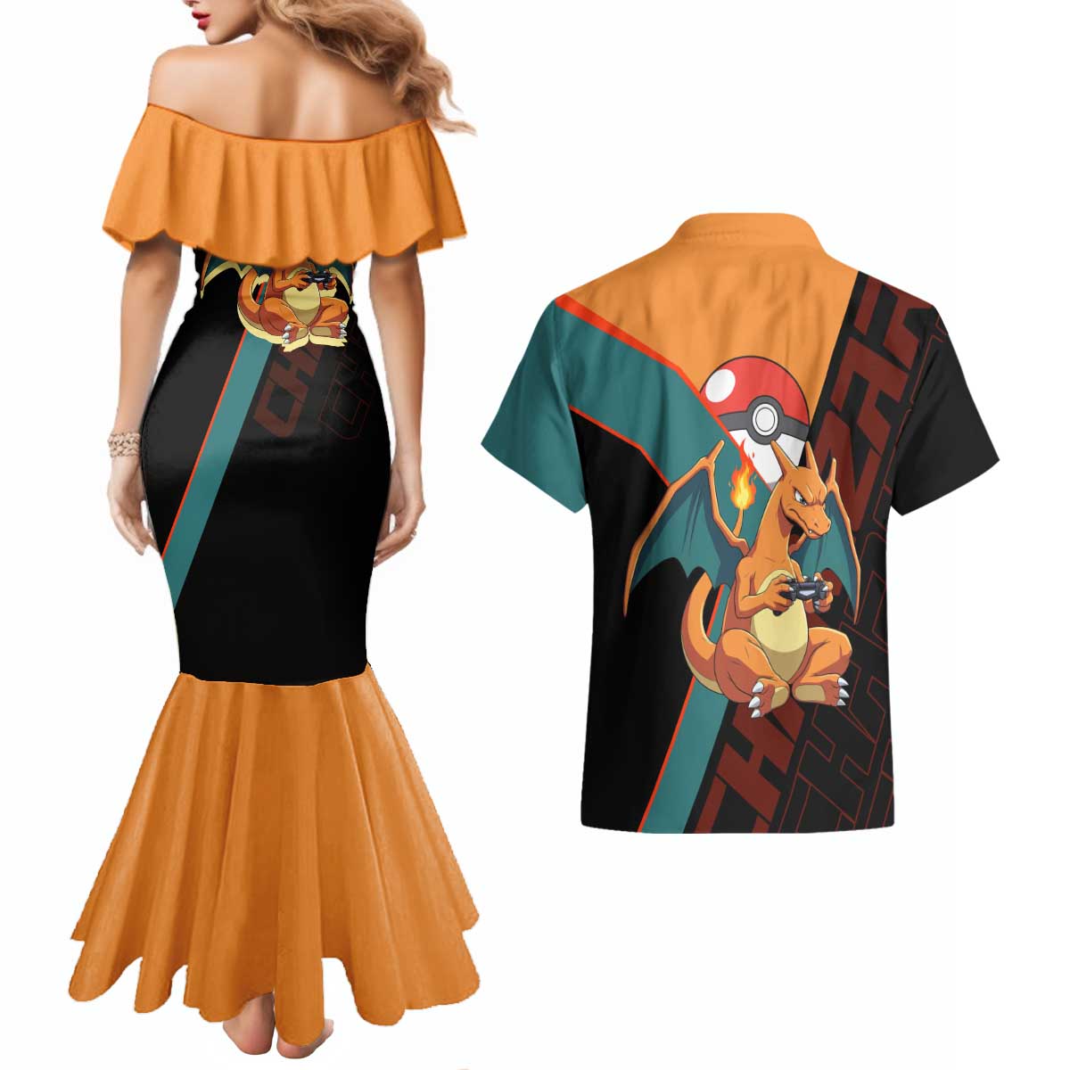 Charizard Poké Couples Matching Mermaid Dress and Hawaiian Shirt Retro Anime Gaming Style