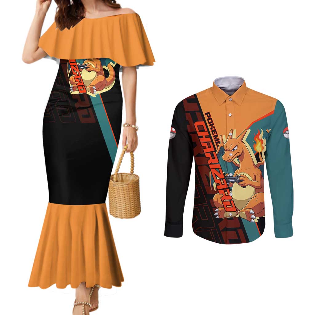 Charizard Poké Couples Matching Mermaid Dress and Long Sleeve Button Shirt Retro Anime Gaming Style
