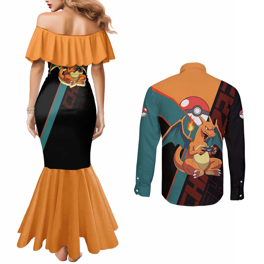Charizard Poké Couples Matching Mermaid Dress and Long Sleeve Button Shirt Retro Anime Gaming Style