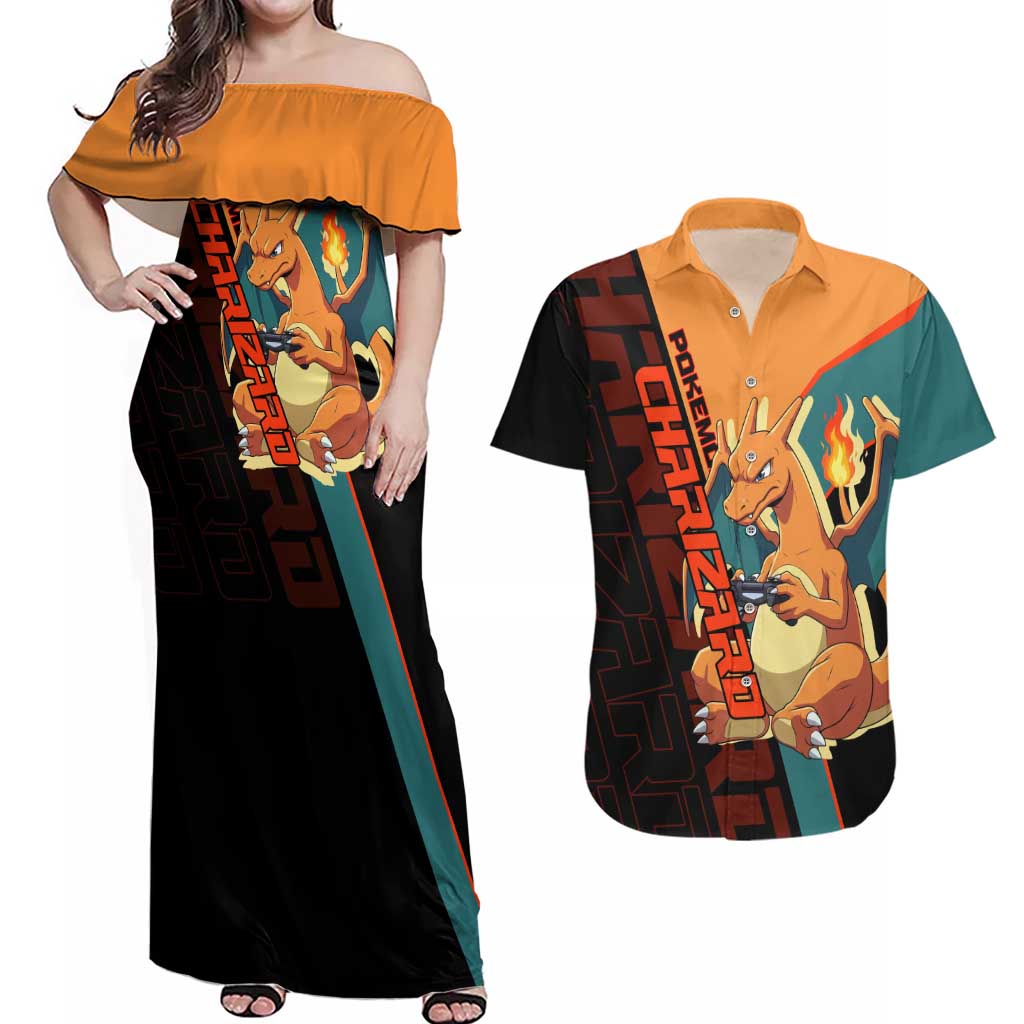 Charizard Poké Couples Matching Off Shoulder Maxi Dress and Hawaiian Shirt Retro Anime Gaming Style