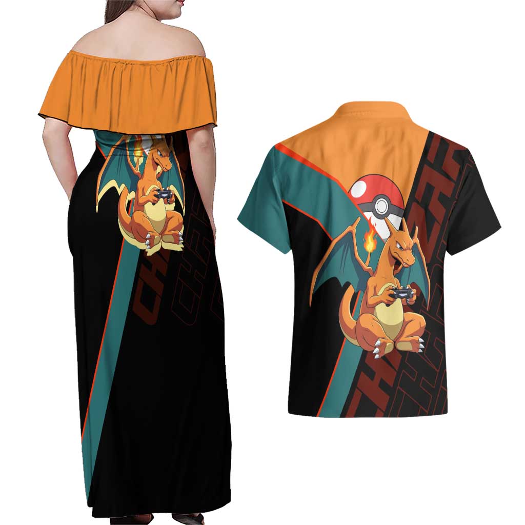 Charizard Poké Couples Matching Off Shoulder Maxi Dress and Hawaiian Shirt Retro Anime Gaming Style