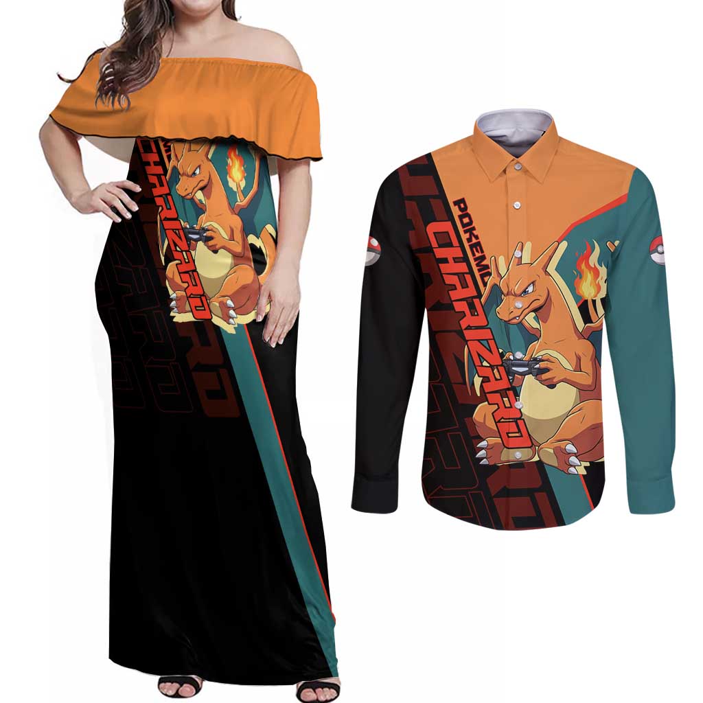 Charizard Poké Couples Matching Off Shoulder Maxi Dress and Long Sleeve Button Shirt Retro Anime Gaming Style