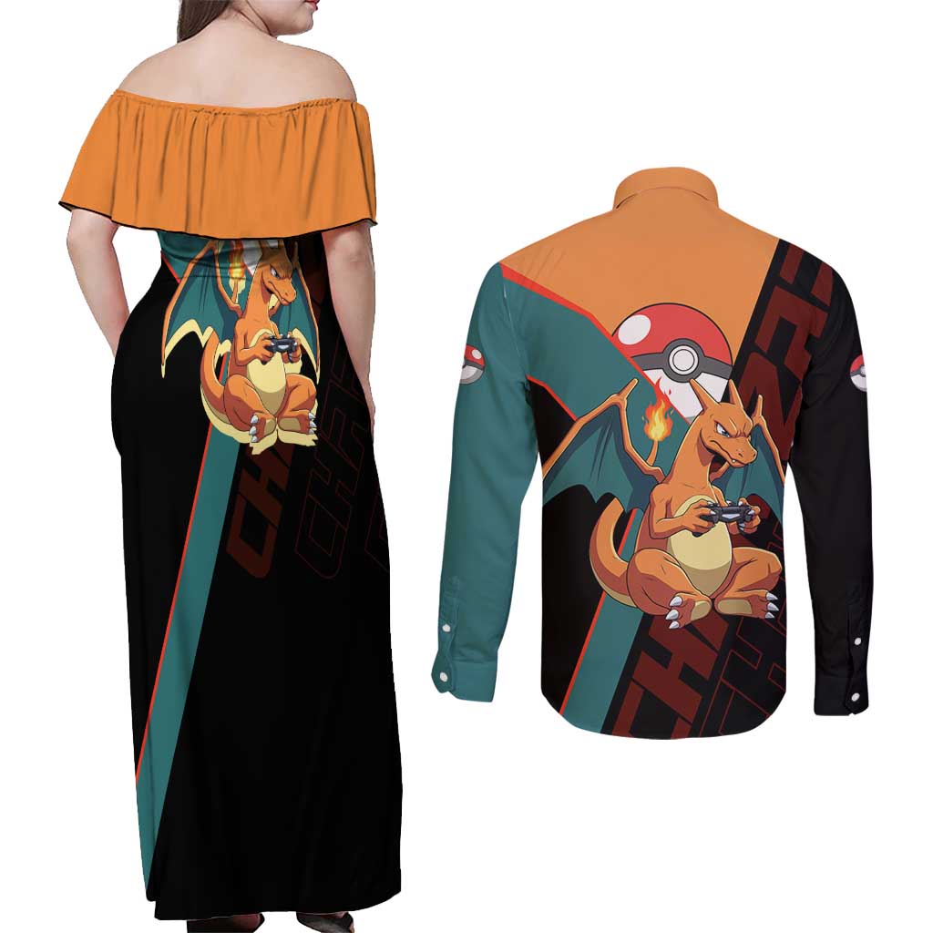 Charizard Poké Couples Matching Off Shoulder Maxi Dress and Long Sleeve Button Shirt Retro Anime Gaming Style