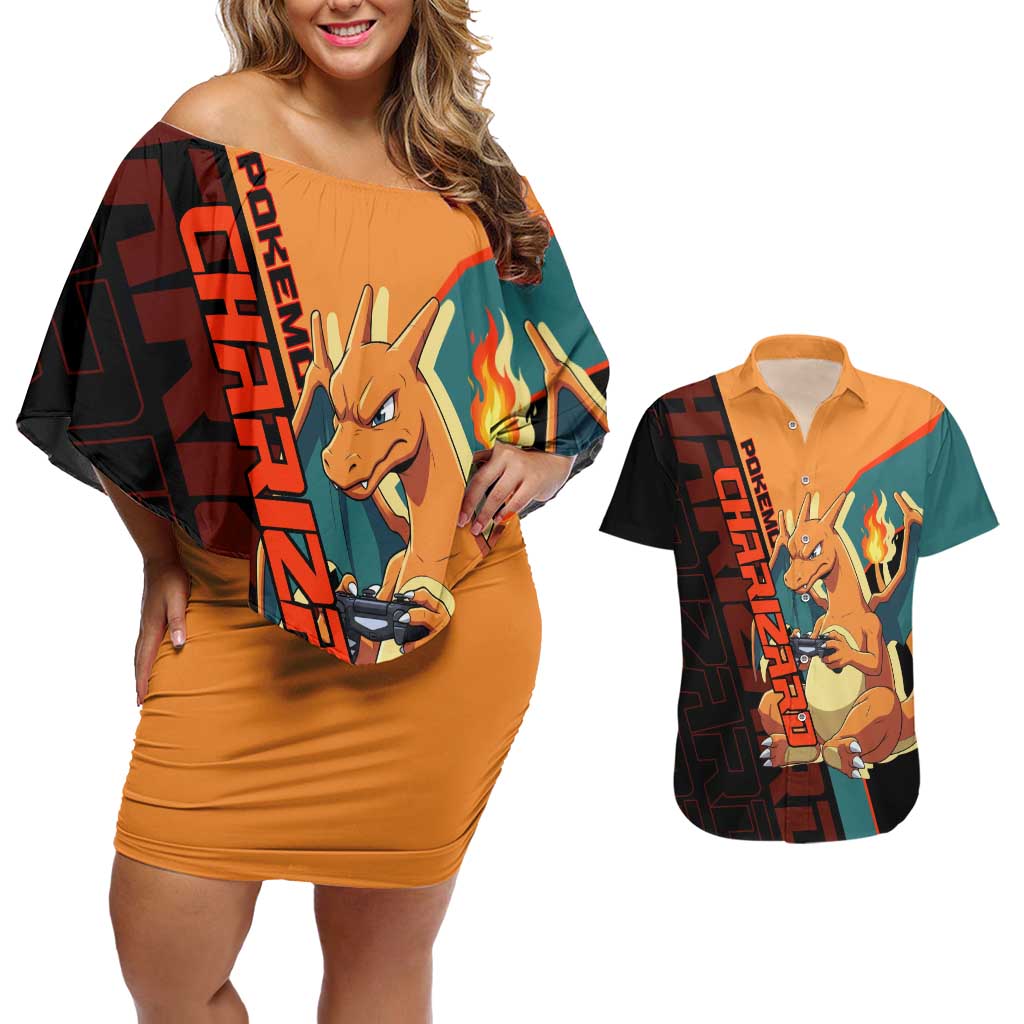 Charizard Poké Couples Matching Off Shoulder Short Dress and Hawaiian Shirt Retro Anime Gaming Style