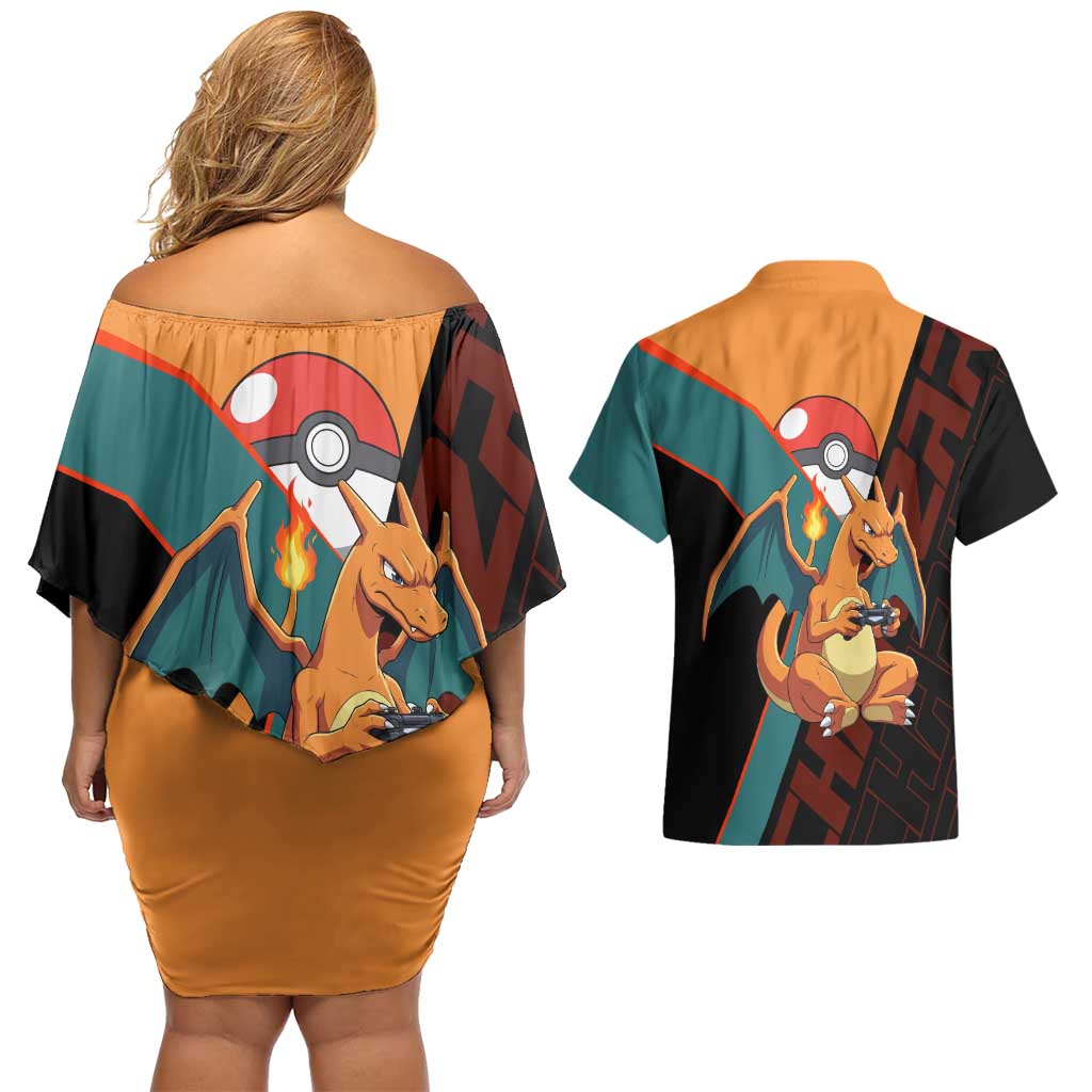 Charizard Poké Couples Matching Off Shoulder Short Dress and Hawaiian Shirt Retro Anime Gaming Style