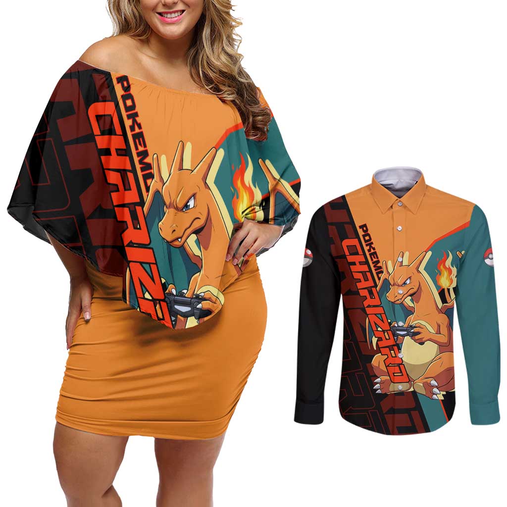 Charizard Poké Couples Matching Off Shoulder Short Dress and Long Sleeve Button Shirt Retro Anime Gaming Style