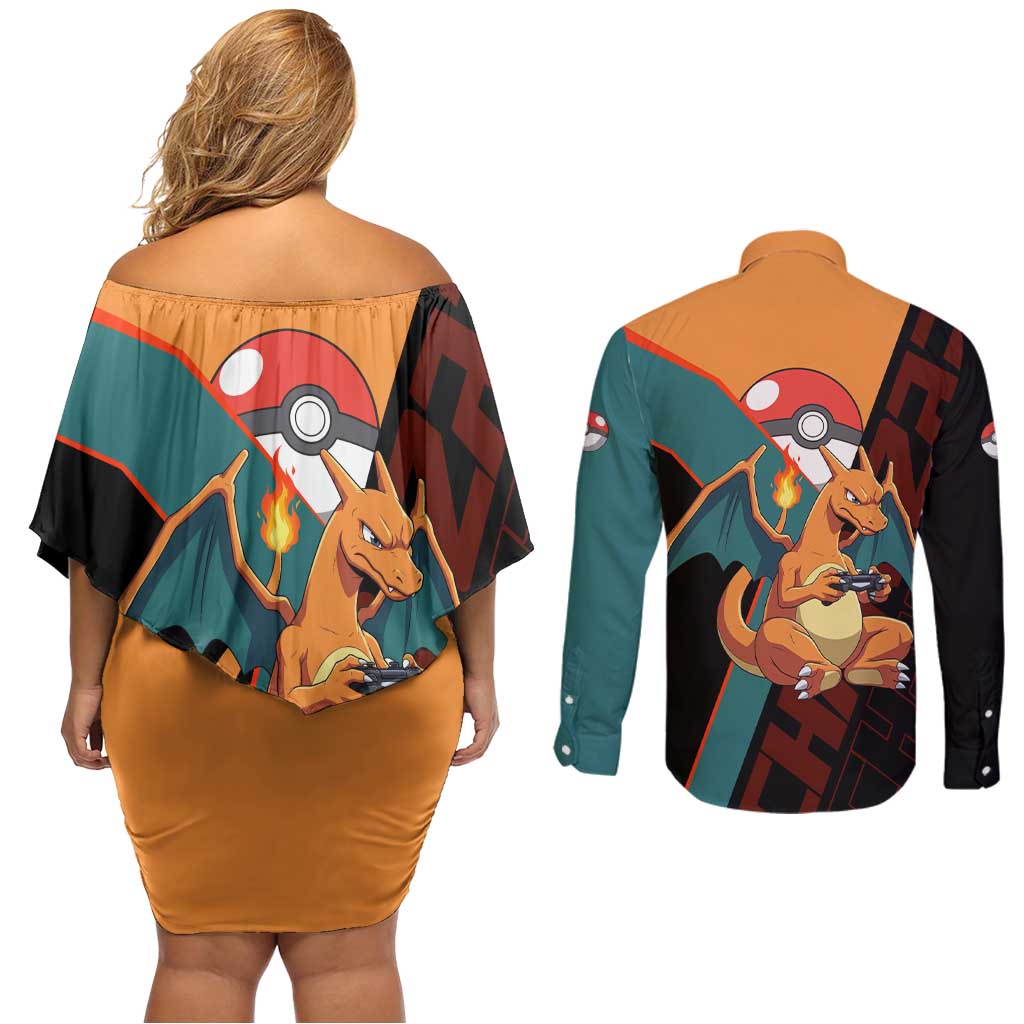 Charizard Poké Couples Matching Off Shoulder Short Dress and Long Sleeve Button Shirt Retro Anime Gaming Style