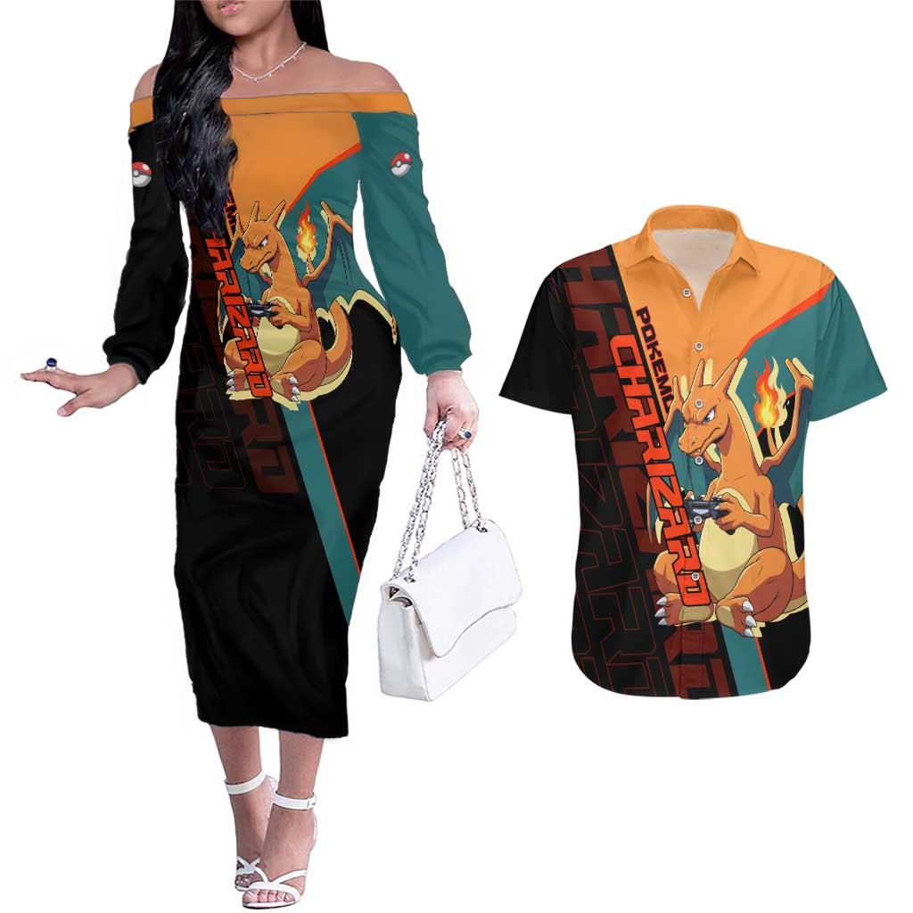Charizard Poké Couples Matching Off The Shoulder Long Sleeve Dress and Hawaiian Shirt Retro Anime Gaming Style