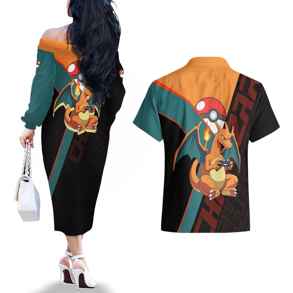 Charizard Poké Couples Matching Off The Shoulder Long Sleeve Dress and Hawaiian Shirt Retro Anime Gaming Style