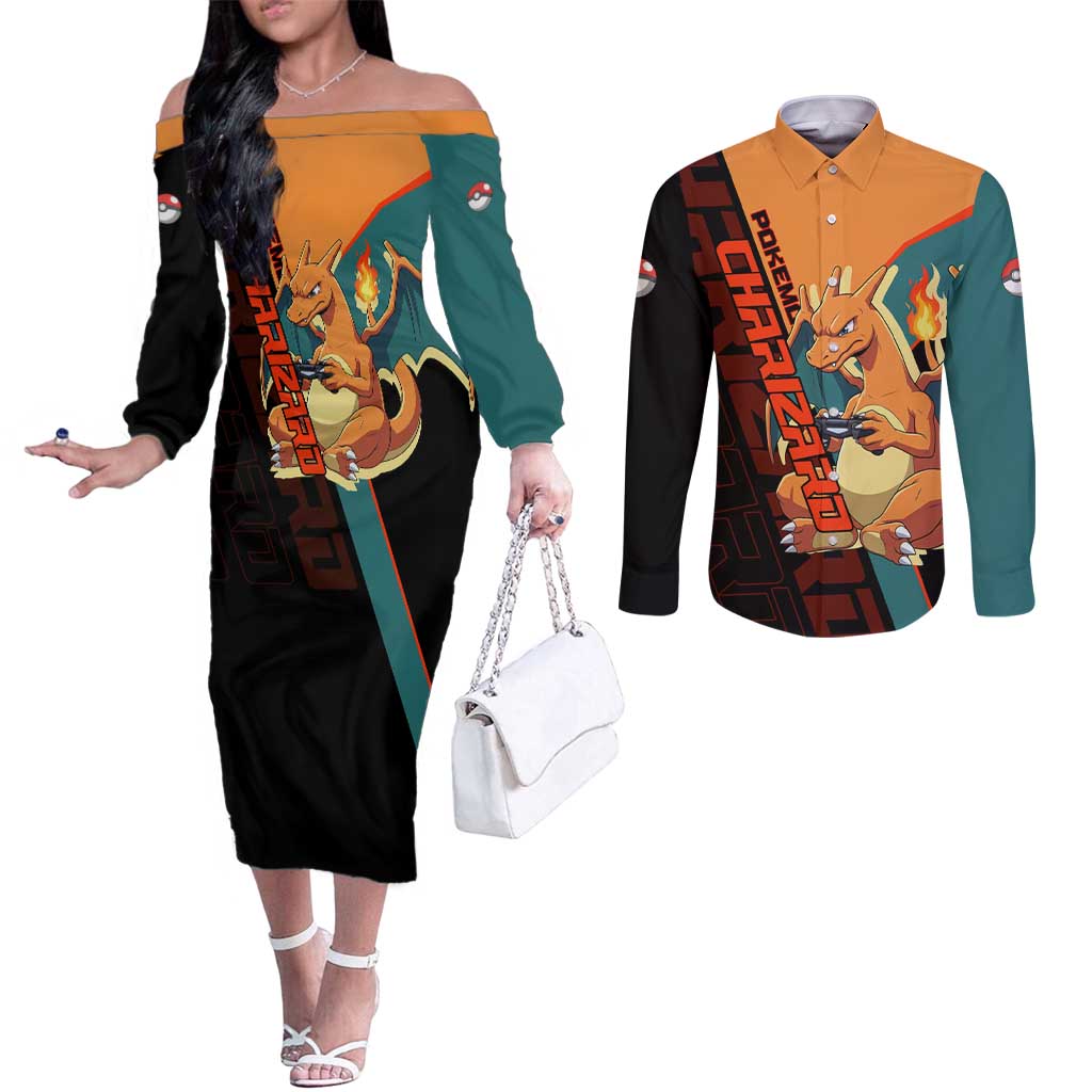 Charizard Poké Couples Matching Off The Shoulder Long Sleeve Dress and Long Sleeve Button Shirt Retro Anime Gaming Style