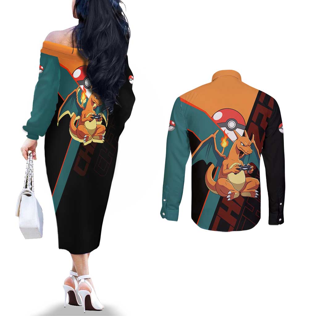 Charizard Poké Couples Matching Off The Shoulder Long Sleeve Dress and Long Sleeve Button Shirt Retro Anime Gaming Style