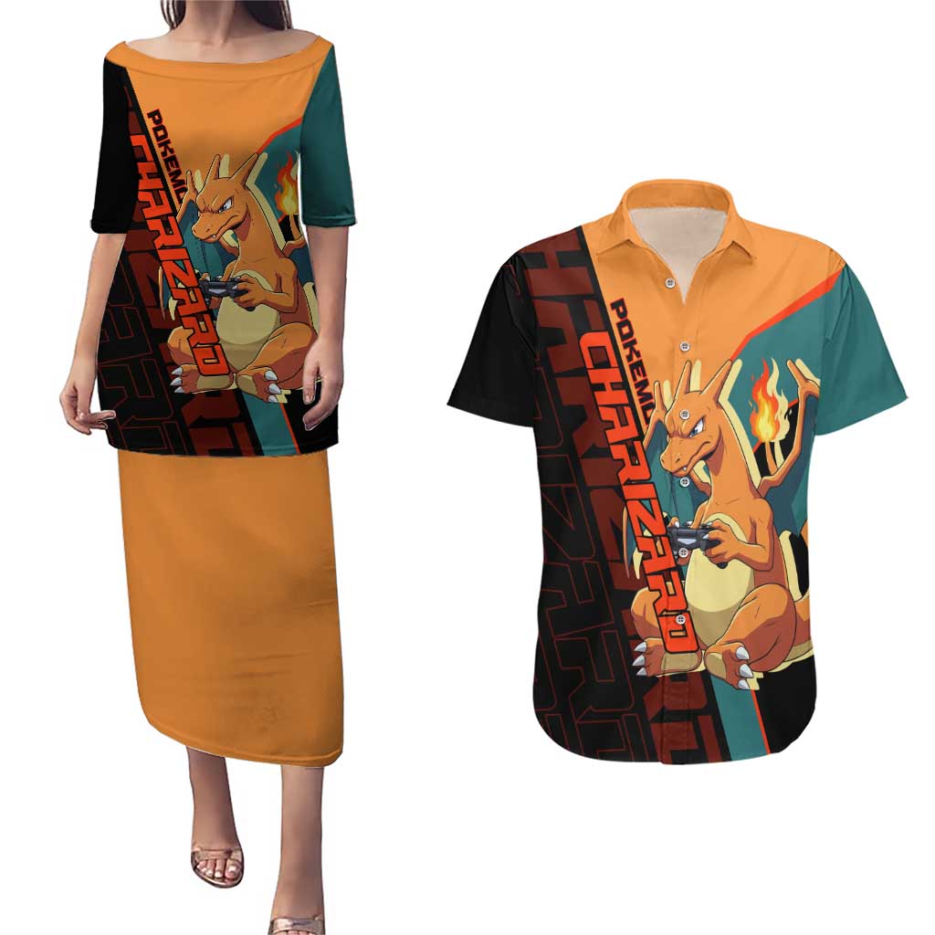 Charizard Poké Couples Matching Puletasi and Hawaiian Shirt Retro Anime Gaming Style