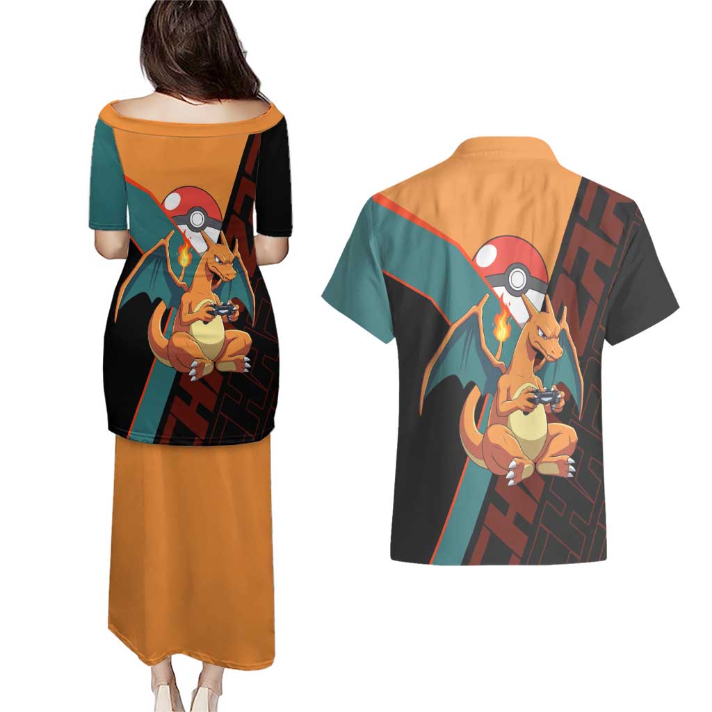 Charizard Poké Couples Matching Puletasi and Hawaiian Shirt Retro Anime Gaming Style