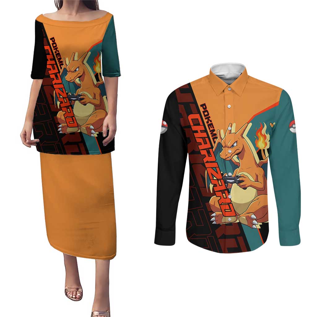 Charizard Poké Couples Matching Puletasi and Long Sleeve Button Shirt Retro Anime Gaming Style