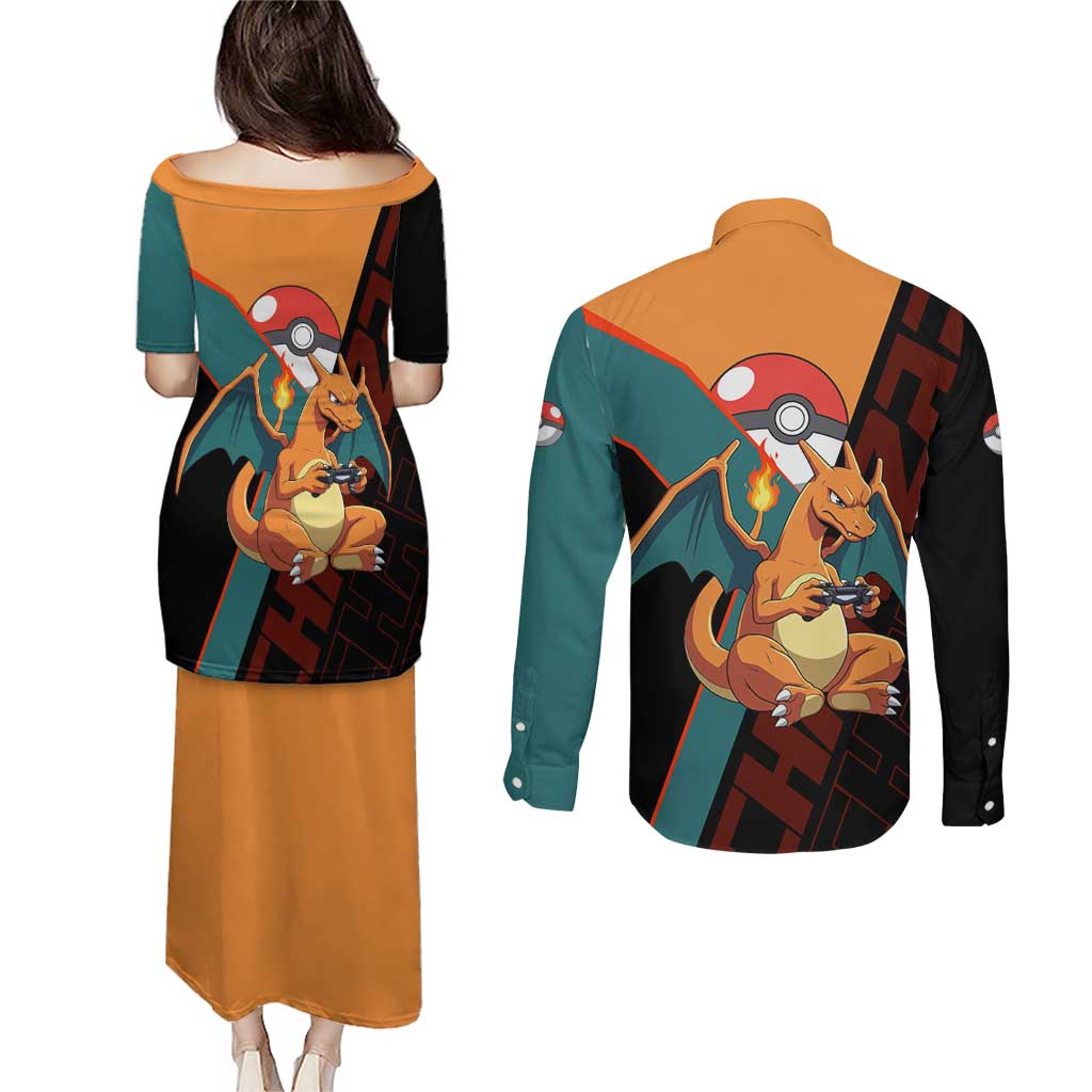 Charizard Poké Couples Matching Puletasi and Long Sleeve Button Shirt Retro Anime Gaming Style