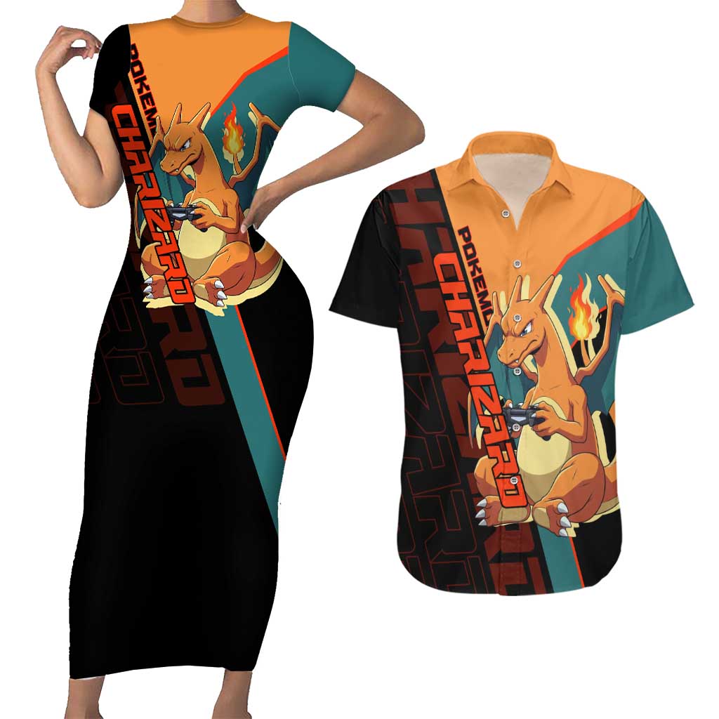 Charizard Poké Couples Matching Short Sleeve Bodycon Dress and Hawaiian Shirt Retro Anime Gaming Style
